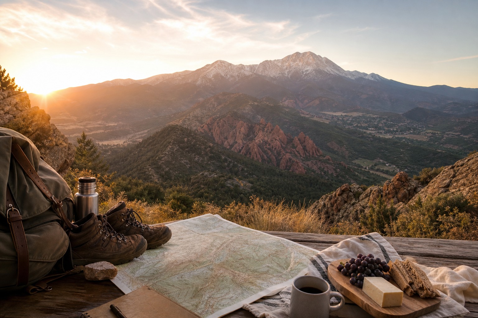 Sunrise over Pikes Peak with trail gear and a folded topographic map